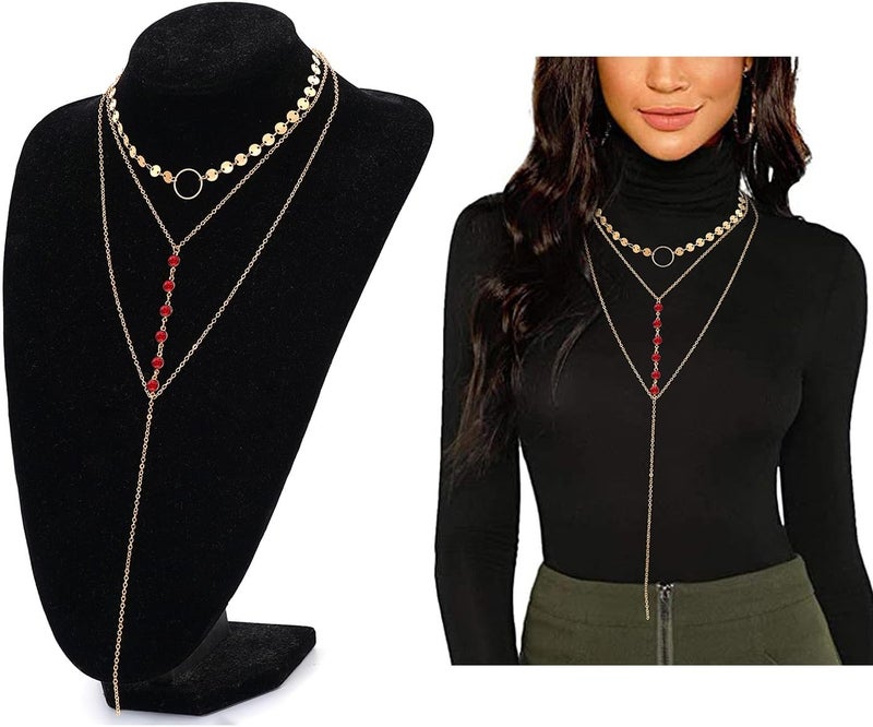 Suyi Stylish Layered Sequins Choker Necklace with Thin Long Chian Pendant for Women Lady - Image 4